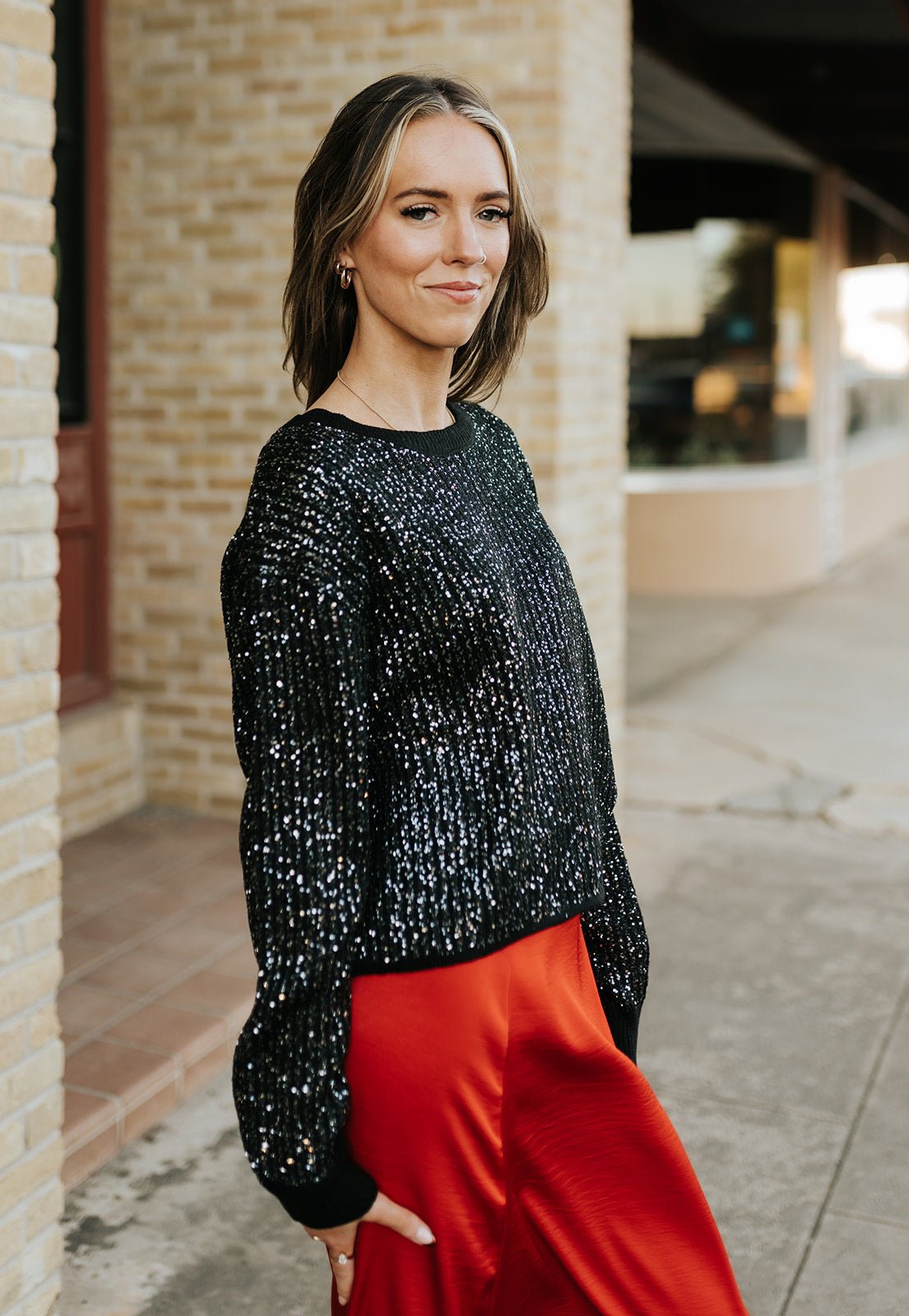 Gleam Sequin Sweater Black ZW254601 - Southern Soule Designs