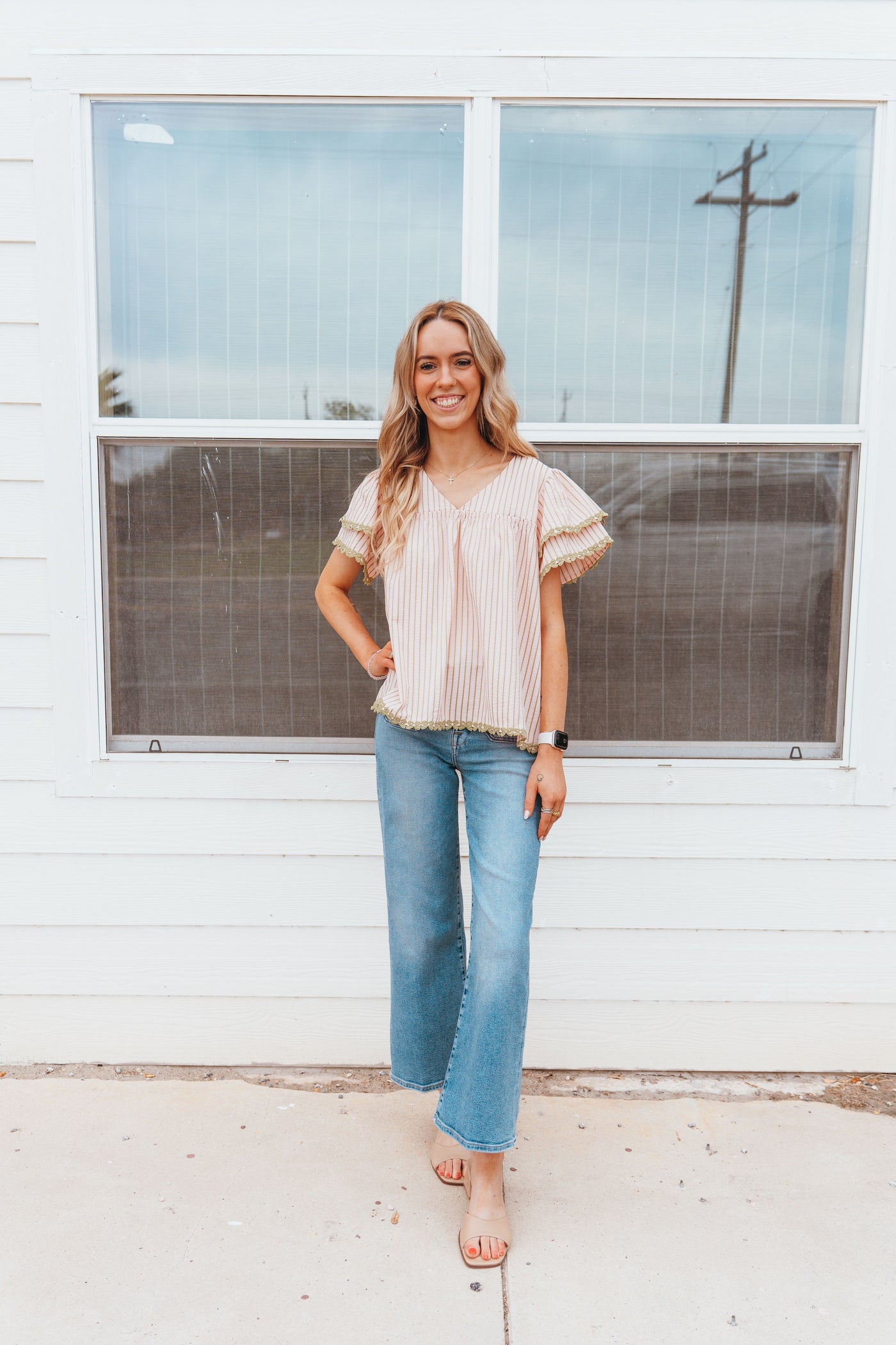 Pink Olive Striped Flutter Sleeve Top IT18183