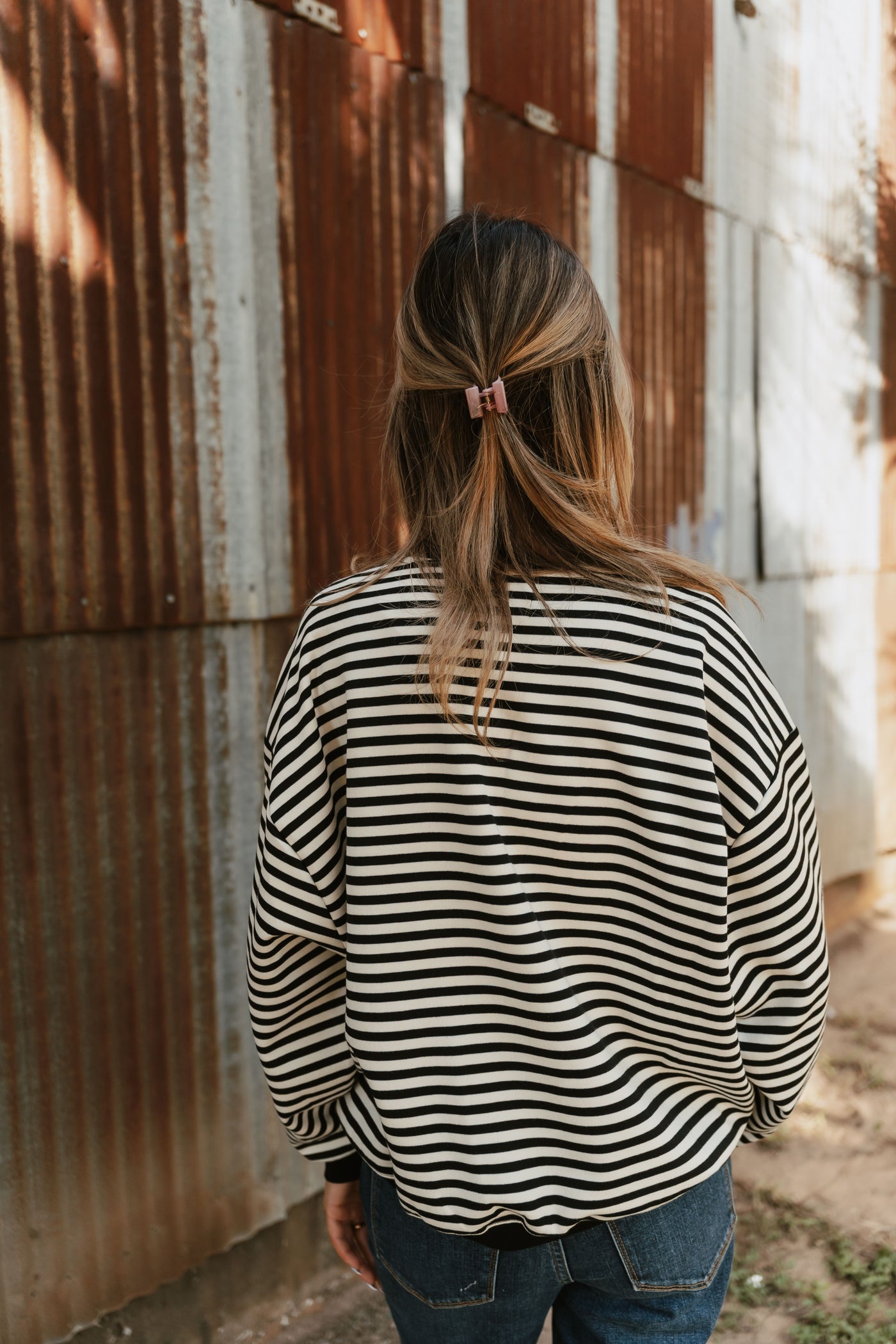 Ivory/Black Striped Oversized Pullover TBT13980