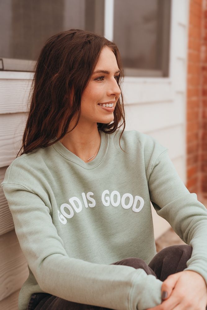 God is Good Puff Sweatshirt Dark Sage - Southern Soule Designs