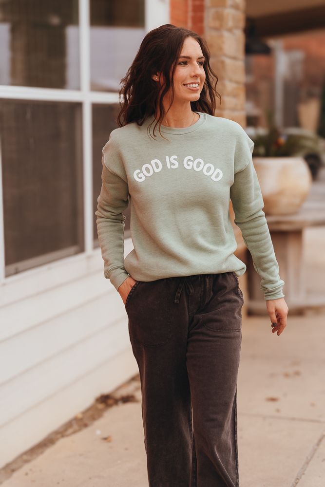 God is Good Puff Sweatshirt Dark Sage - Southern Soule Designs