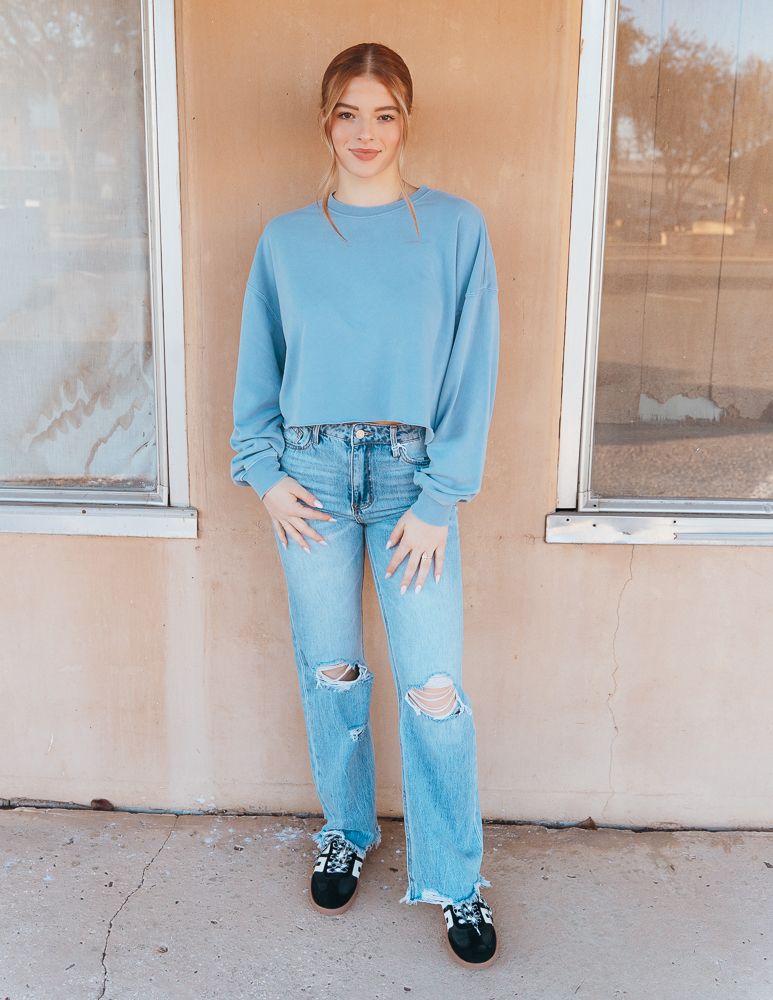 Gray Blue Cropped Crewneck Sweatshirt with Raw Hem DZ24E409 - Southern Soule Designs