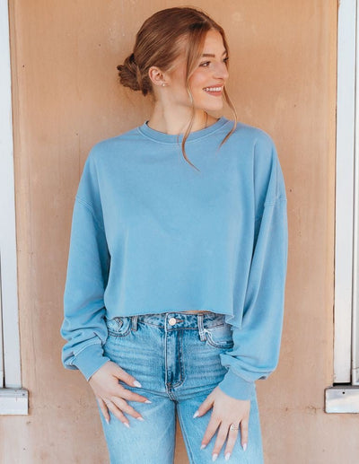 Gray Blue Cropped Crewneck Sweatshirt with Raw Hem DZ24E409 - Southern Soule Designs
