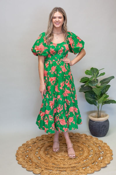 Green Floral Puff Slv Dress - Southern Soule Designs