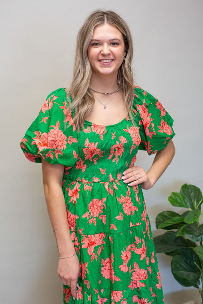 Green Floral Puff Slv Dress - Southern Soule Designs