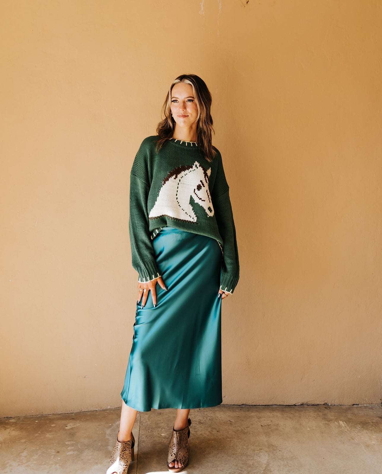 Green Horse Sweater with Stitching Hem BRW2936 - 6 - Southern Soule Designs