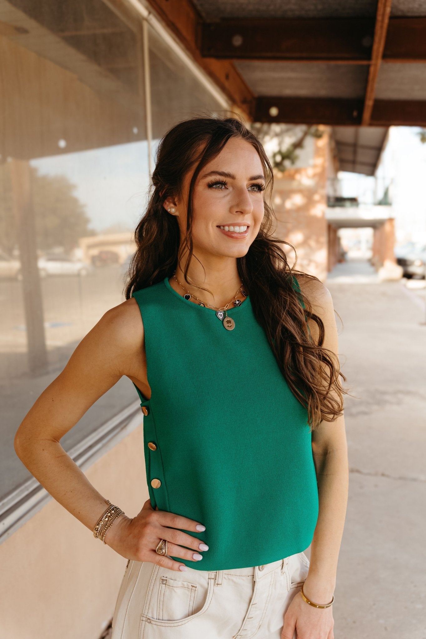 Green Sleeveless Sweater w/ Gold Buttons T25666 - Southern Soule Designs