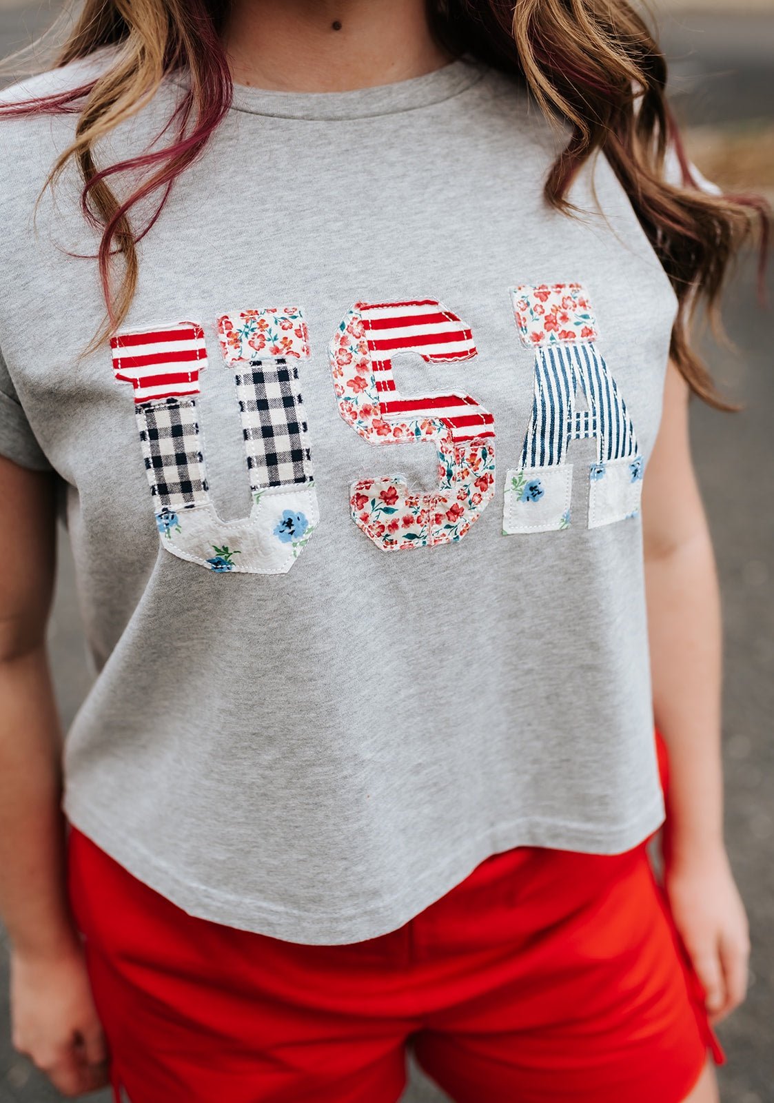 Grey USA Floral Patchwork T-Shirt T6803 - Southern Soule Designs