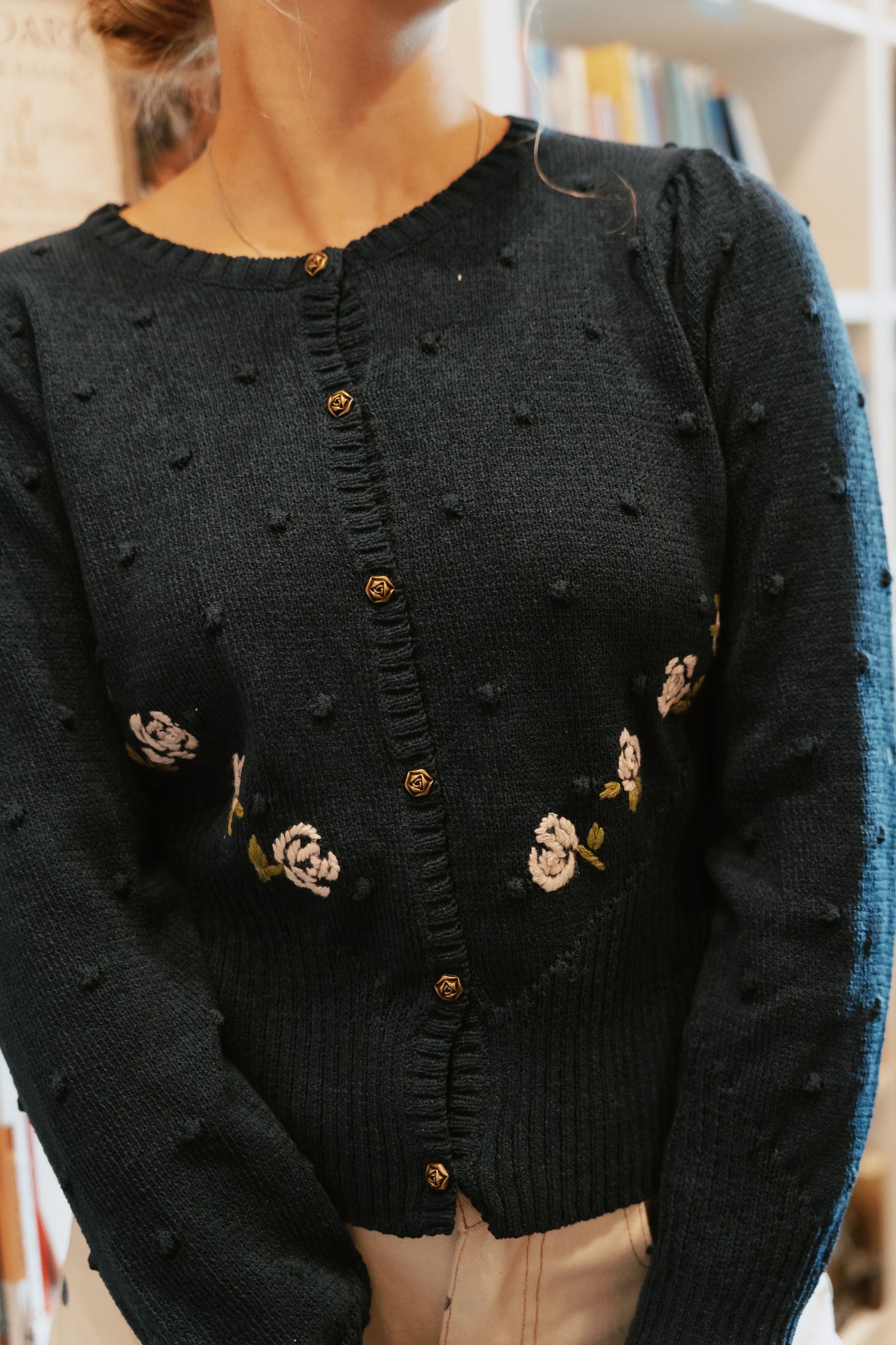 Navy Rose Embroidered Long Sleeve Cardigan IKJ200387-01
