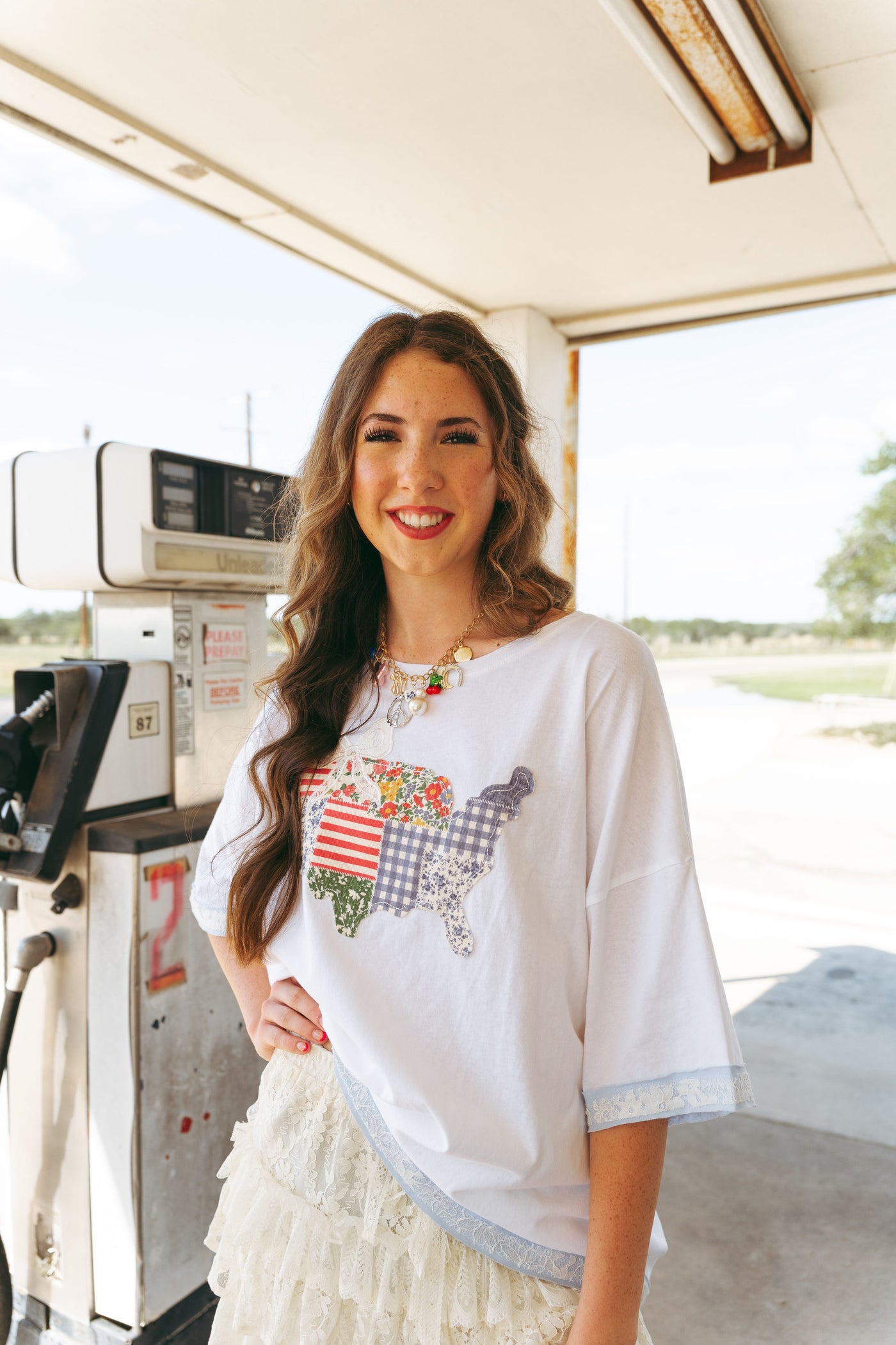 America Lace Detail Oversized T-Shirt IKT39818-03