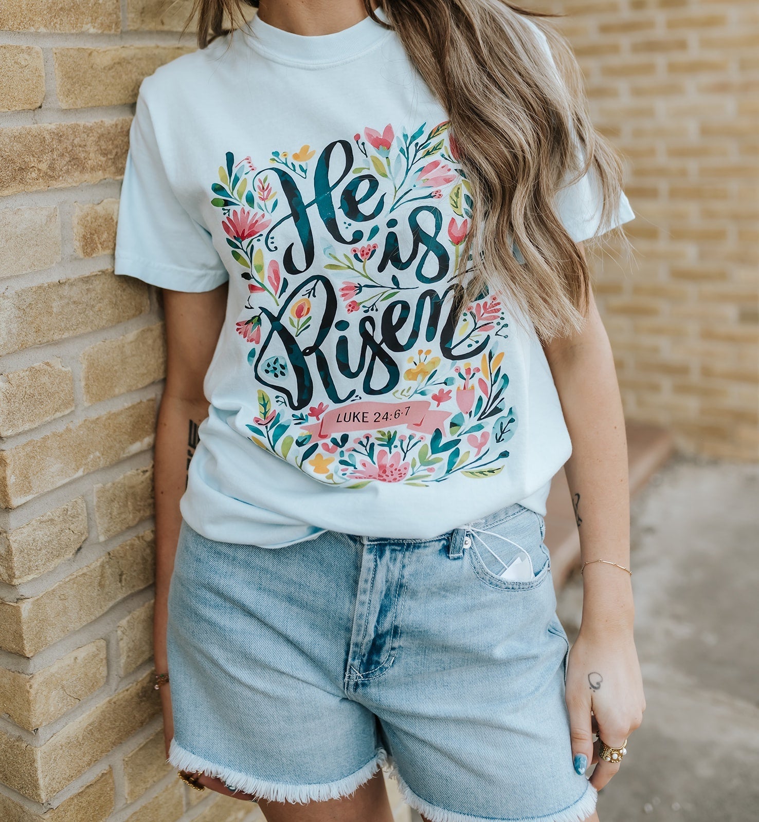 He Is Risen Floral Christian Chambray Tee - Southern Soule Designs