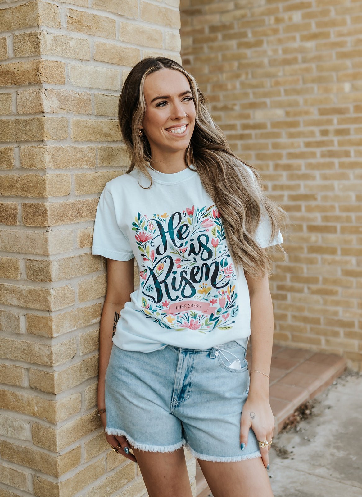 He Is Risen Floral Christian Chambray Tee - Southern Soule Designs