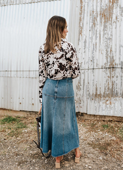 High Waisted Paneled Denim Midi Skirt CS3812 - Southern Soule Designs