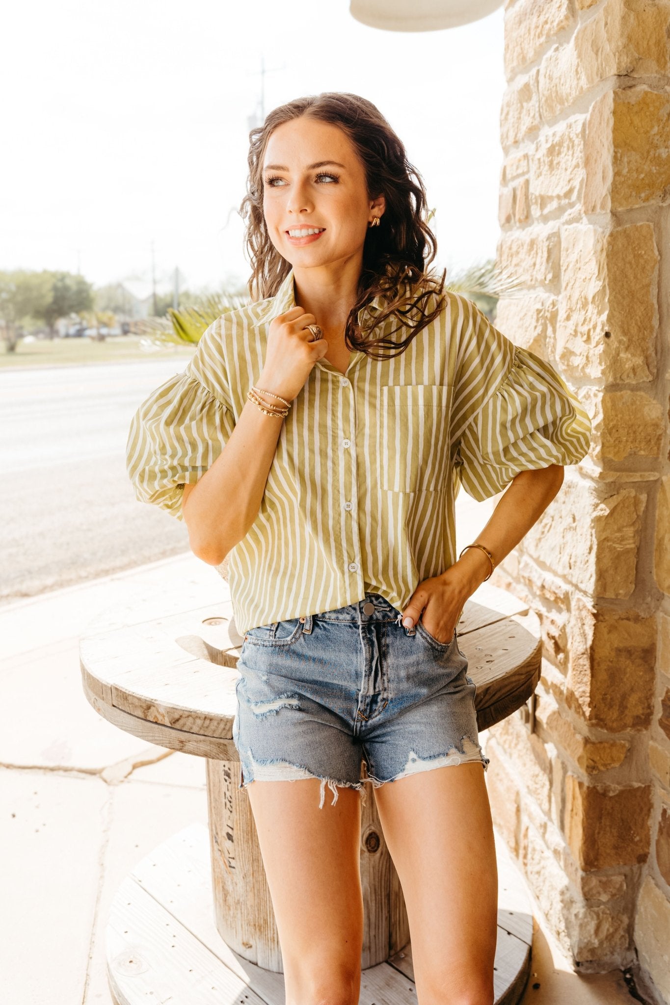 Honeydew Stiped Button Down Shirt with Bubble Sleeves IT17538 - Southern Soule Designs