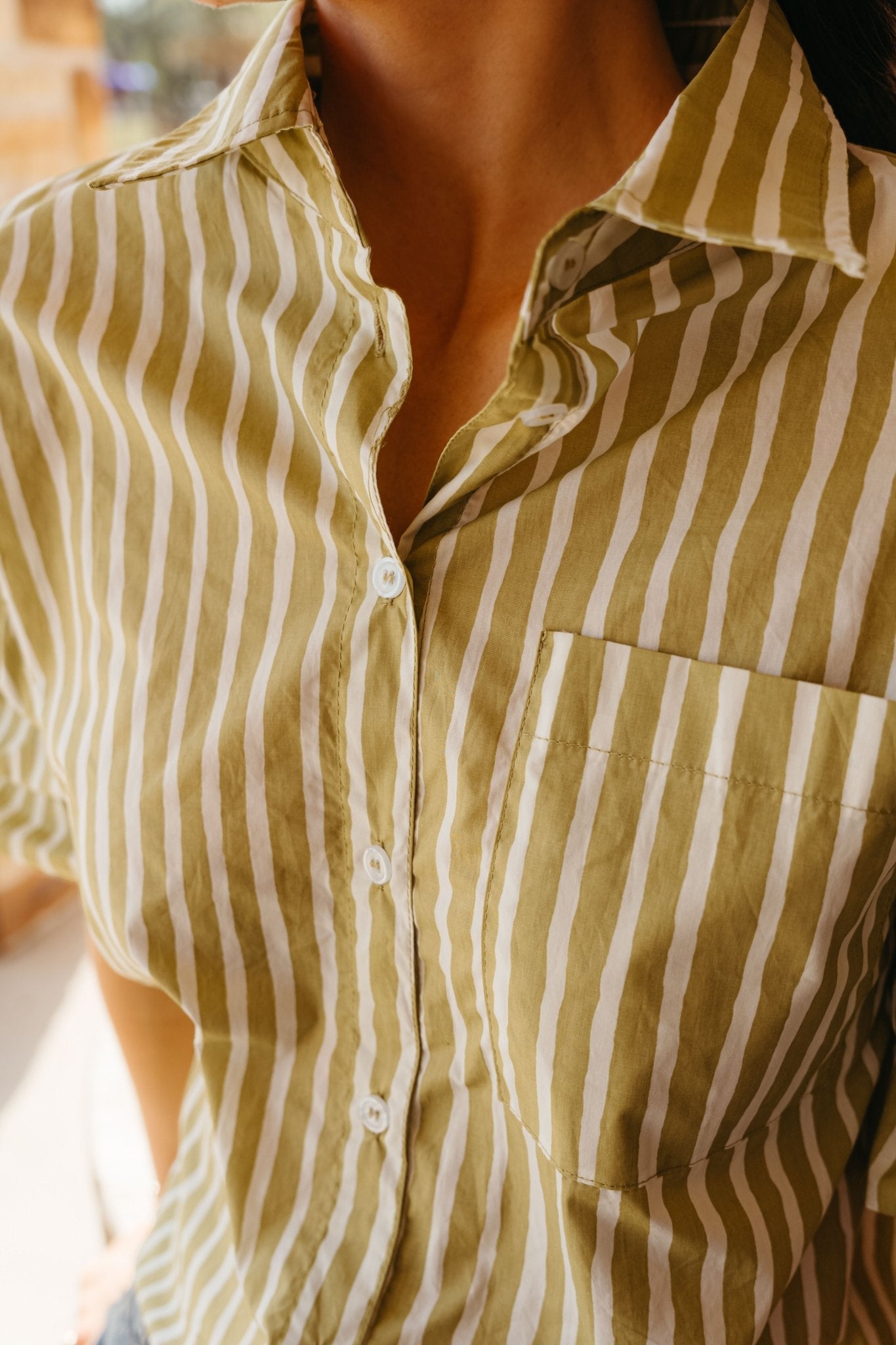 Honeydew Stiped Button Down Shirt with Bubble Sleeves IT17538 - Southern Soule Designs