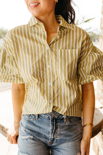 Honeydew Stiped Button Down Shirt with Bubble Sleeves IT17538 - Southern Soule Designs