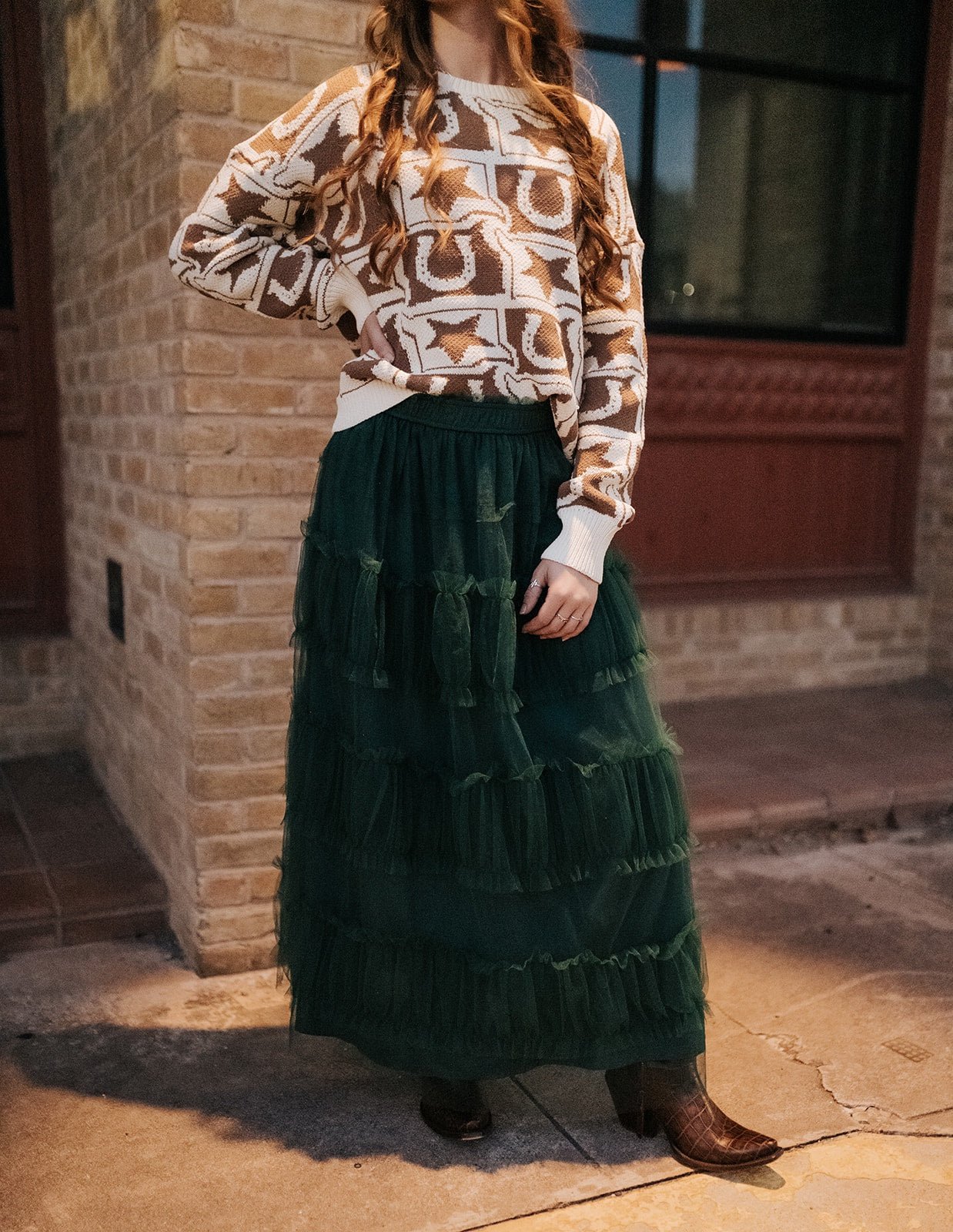 Hunter Green Frilled Tiered Mesh A - Line Midi Skirt MS20202 - Southern Soule Designs