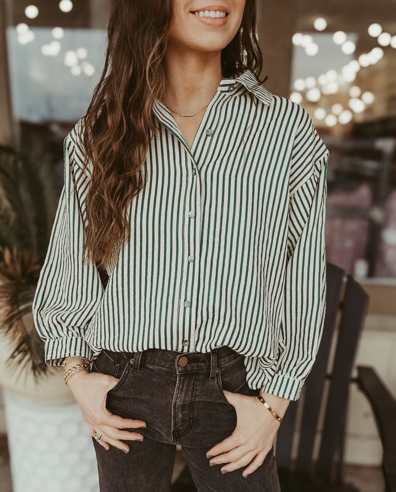 Hunter Green Striped 3/4 Sleeve Top T24501 - Southern Soule Designs