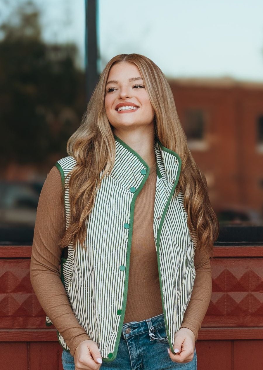 Hunter Green Striped Quilted Vest J25209 - Southern Soule Designs