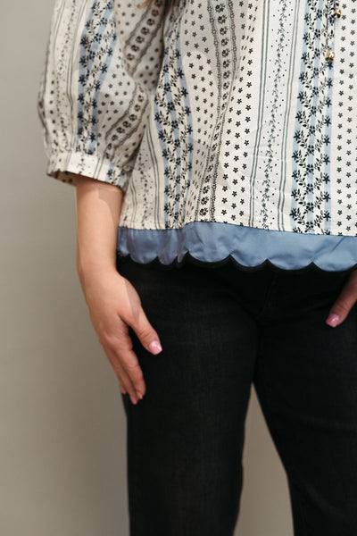 Ecru Print 1/2 Sleeve Top w/Scallop Trim T24838