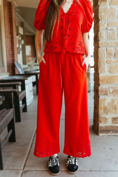 Red Scallop Embroidered Wide Leg Ankle Pants P25813