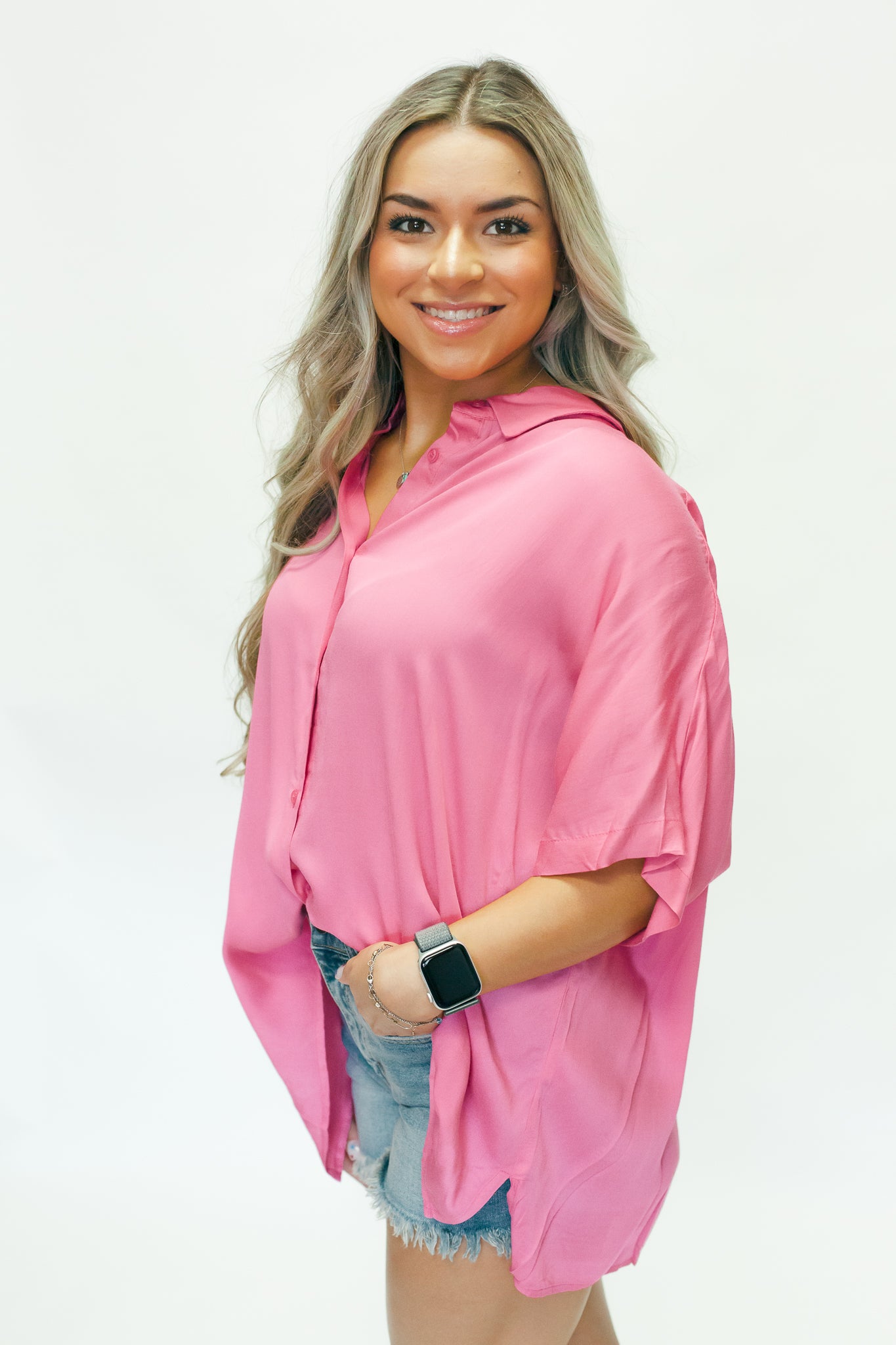 Pink Dolman Sleeve Button Top