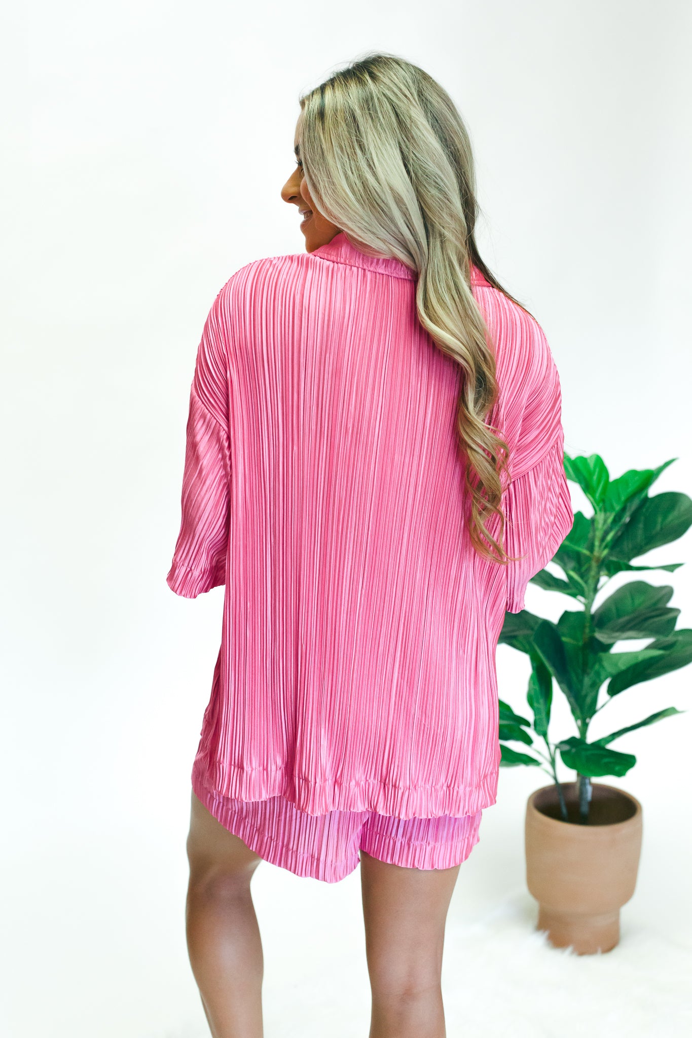 Pink Pleated Short Sleeve Top