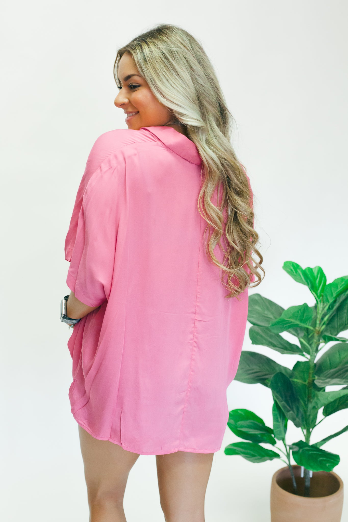 Pink Dolman Sleeve Button Top