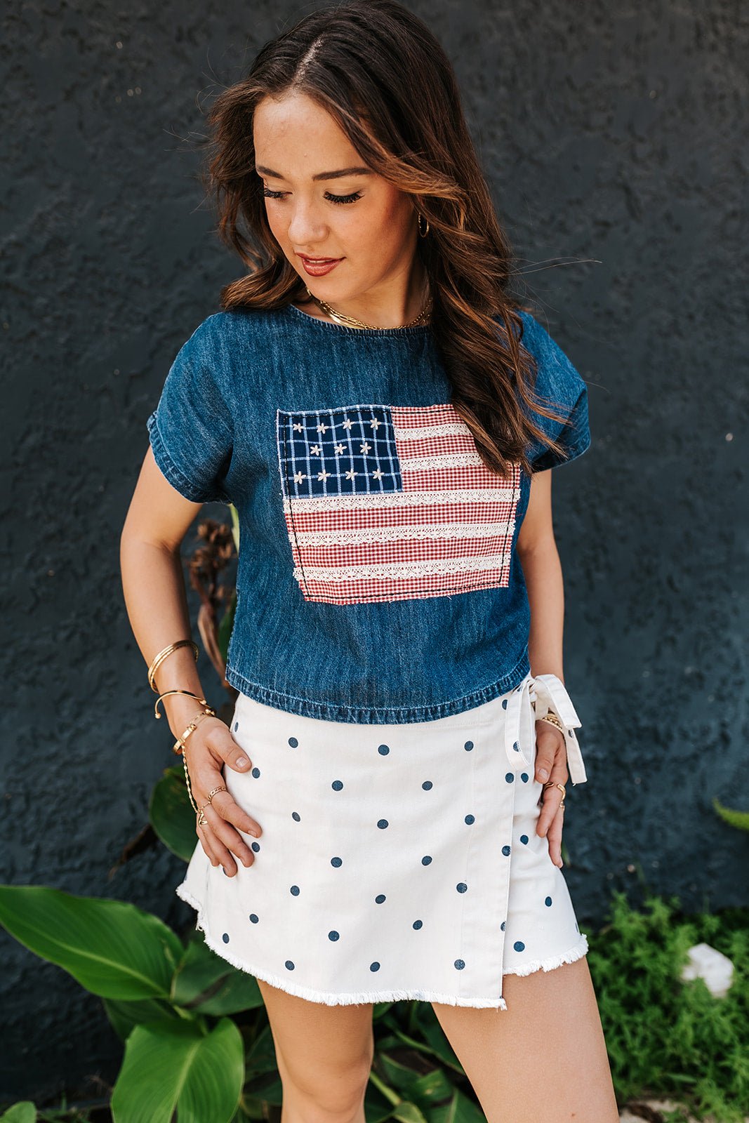 Indigo Blue Flag Patched Top T6928 - Southern Soule Designs