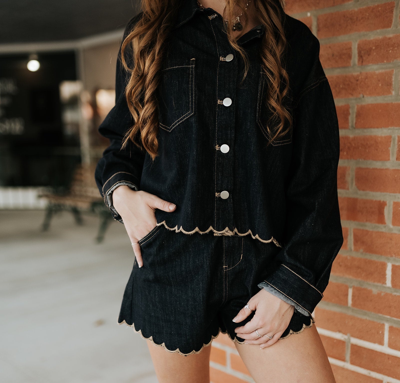 Indigo Denim Shorts with Scallop Embroidery P5746ST - Southern Soule Designs