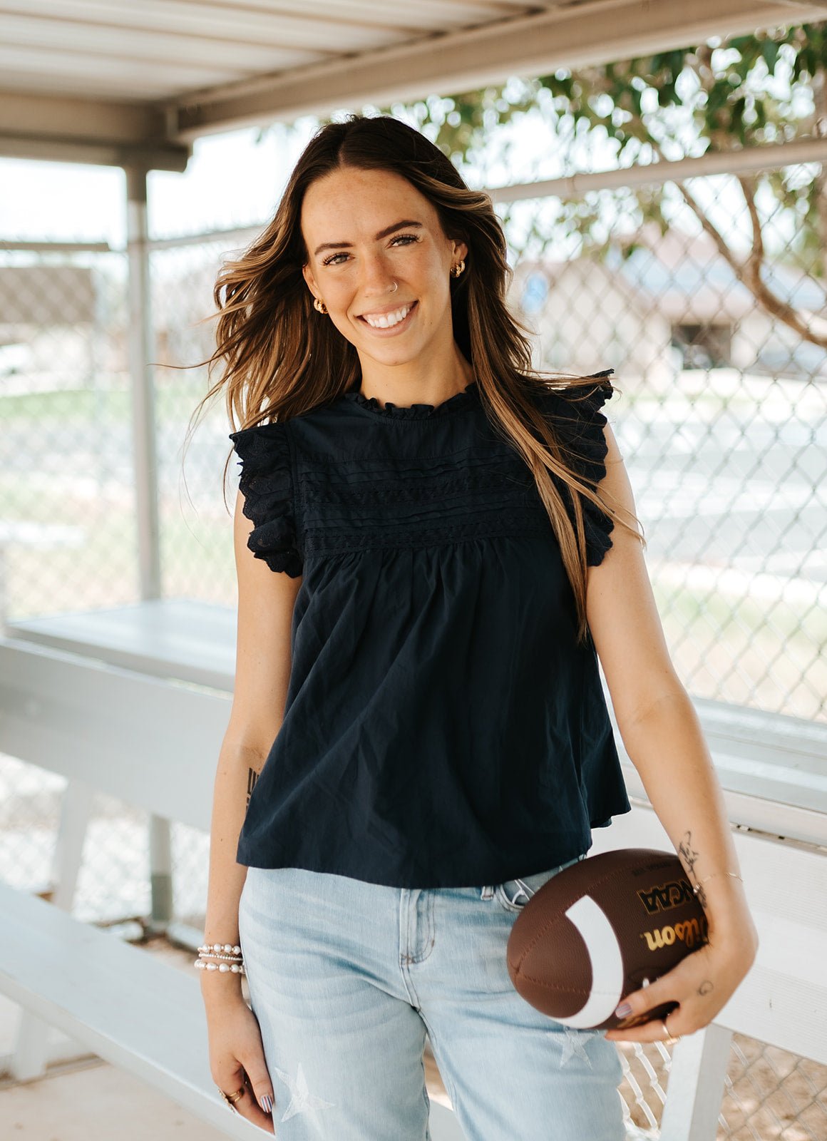 Indigo Washed Cotton Lace Panel Blouse - RT1274 - Southern Soule Designs