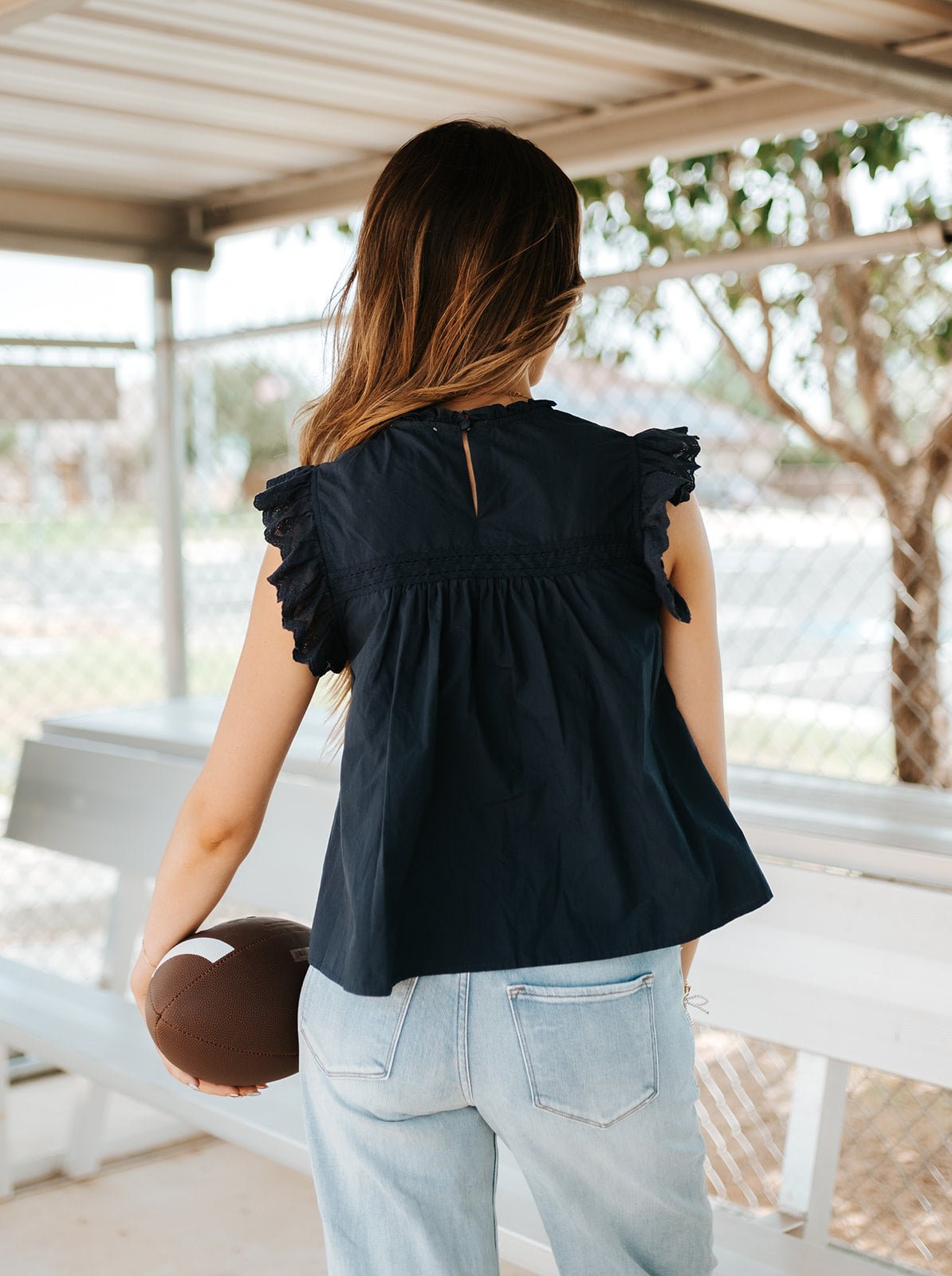 Indigo Washed Cotton Lace Panel Blouse - RT1274 - Southern Soule Designs