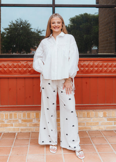 Ivory Button Long Sleeve Blouse with Ties T4257 - Southern Soule Designs