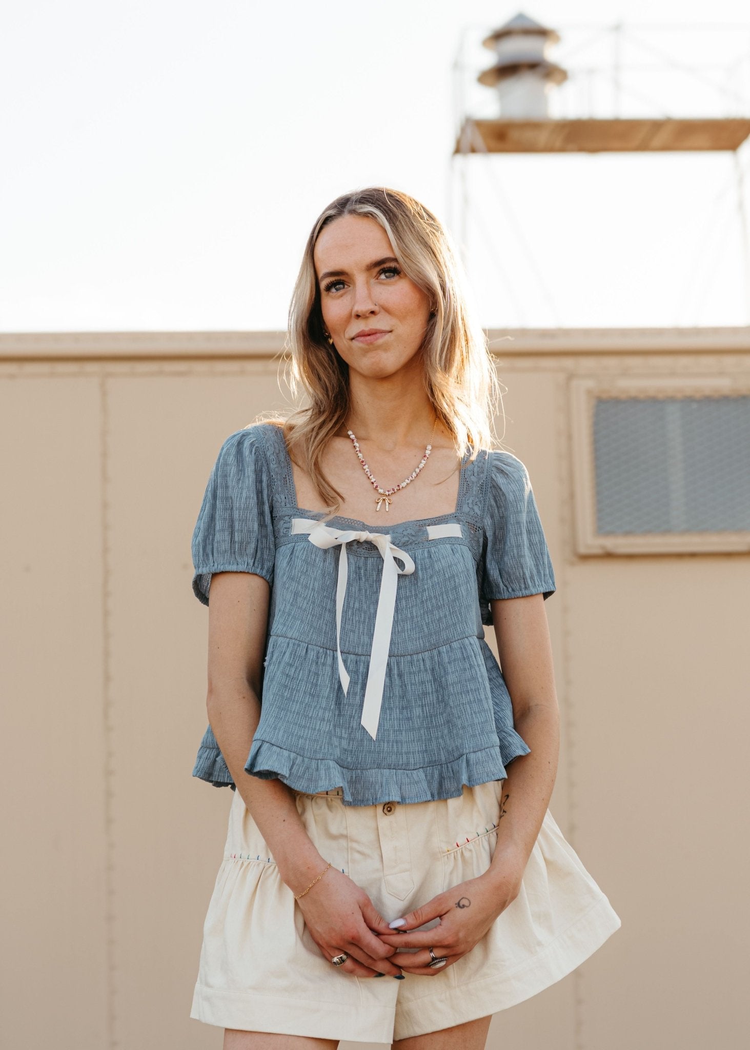 Ivory High Rise Tiered Denim Shorts with Embroidery IP47377 - 01 - Southern Soule Designs