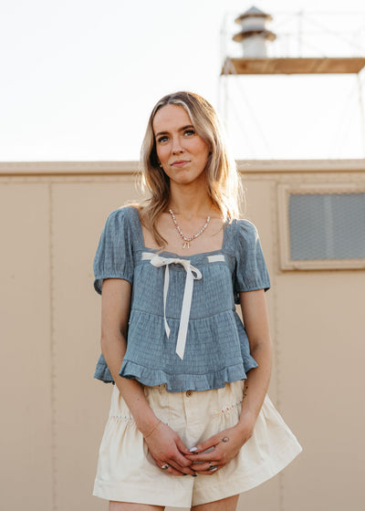 Ivory High Rise Tiered Denim Shorts with Embroidery IP47377 - 01 - Southern Soule Designs