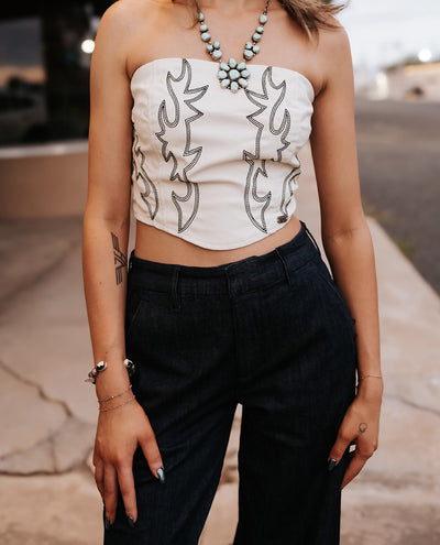 Ivory Leather Boot Stitch Embroidered Corset Tie Back - Southern Soule Designs