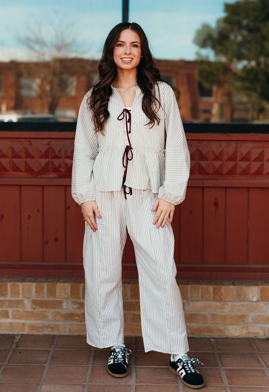 Ivory Striped Drawstring Pants P5471 - 1B - Southern Soule Designs