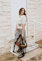 Ivory/Black Animal Print Maxi Skirt w/ Lace Trim Slit BRK3216 - 5 - Southern Soule Designs