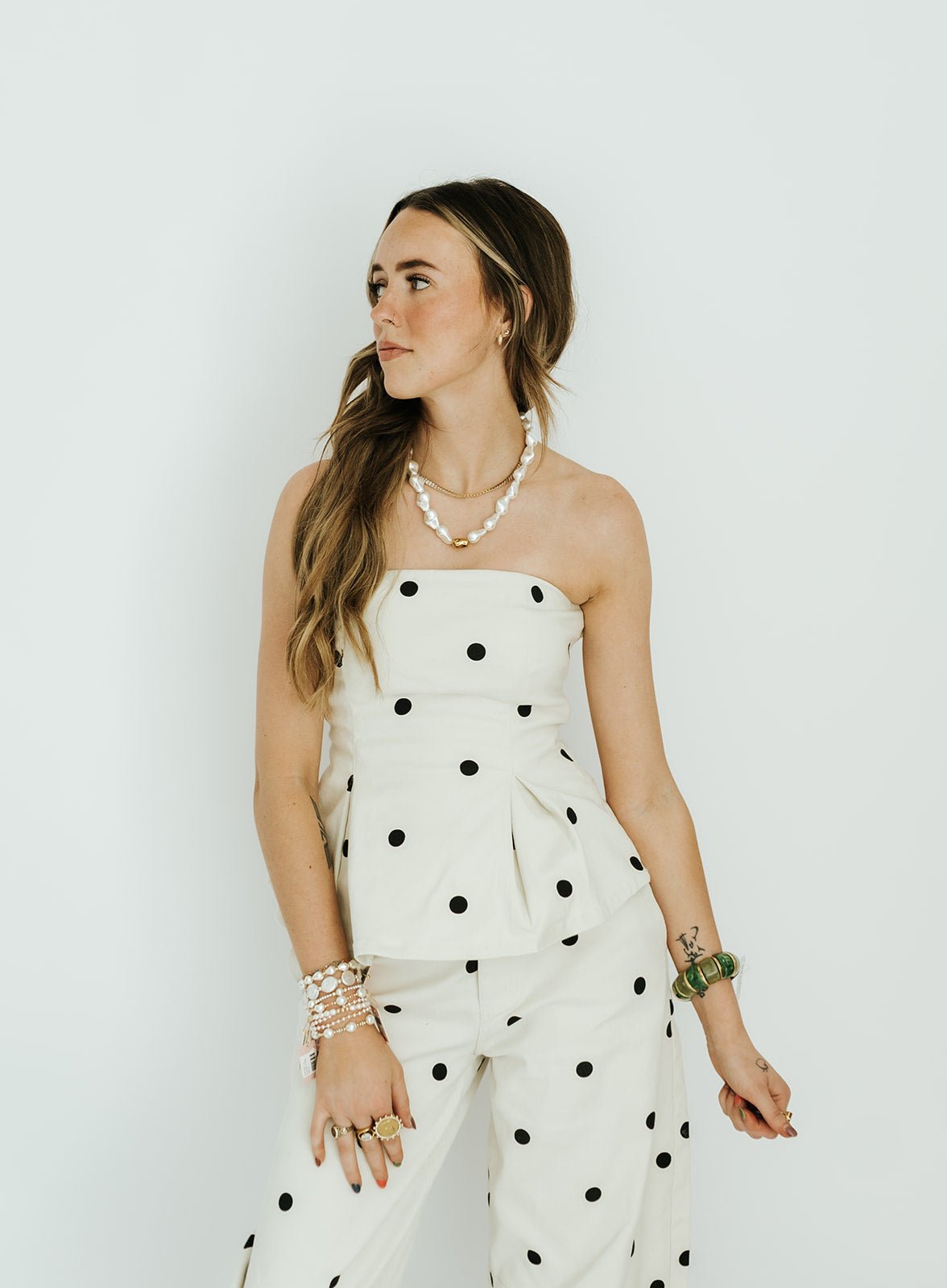 Ivory/Black Polka Dot Strapless Top and Barrel Pant Set IST6128-B - Southern Soule Designs