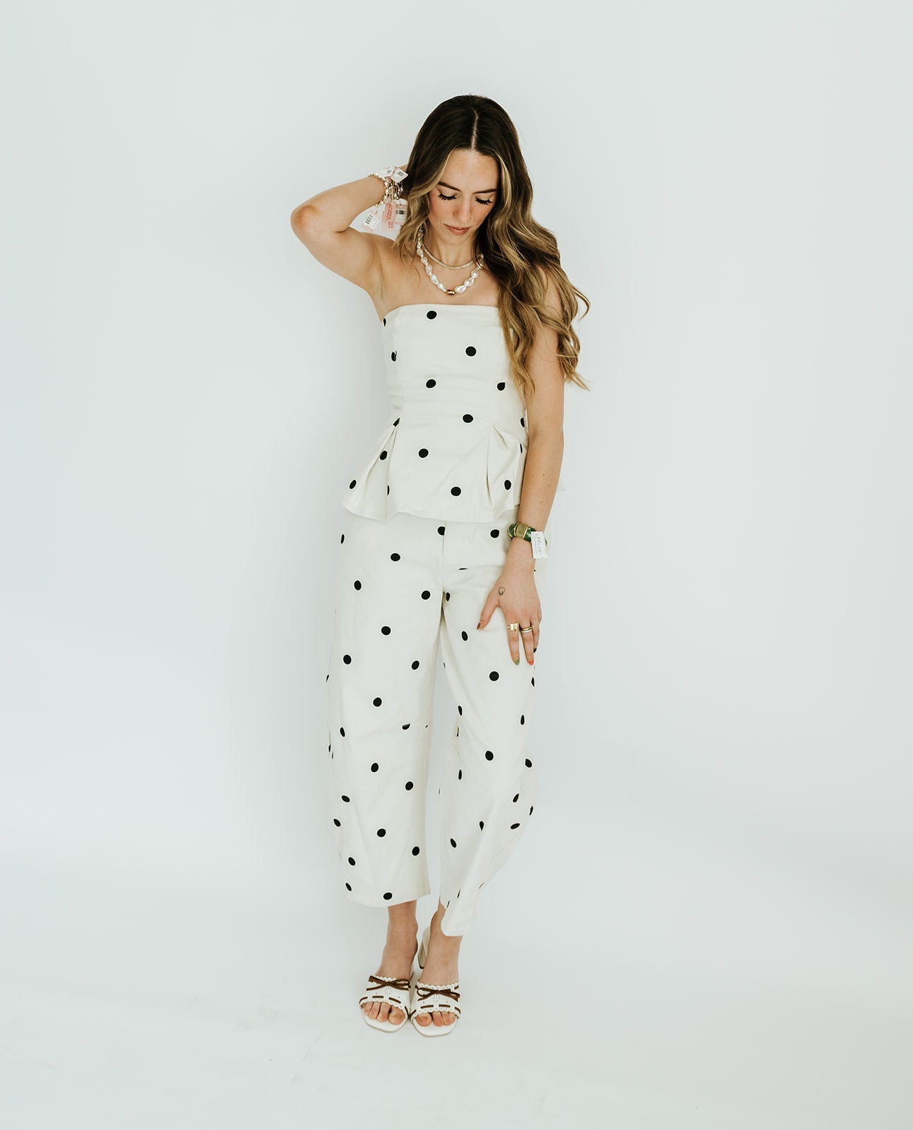 Ivory/Black Polka Dot Strapless Top and Barrel Pant Set IST6128-B - Southern Soule Designs