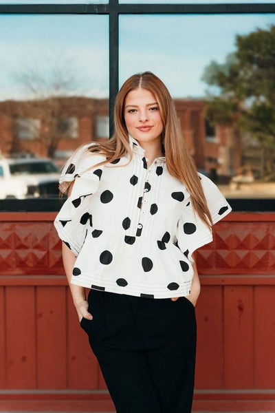 Ivory/Black Ruffle Sleeve Polka Dot Top IT2337 - Southern Soule Designs