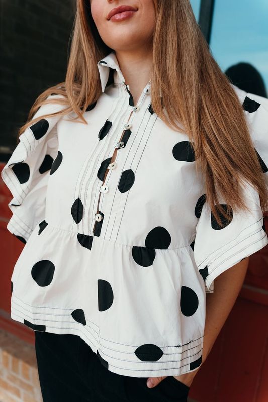 Ivory/Black Ruffle Sleeve Polka Dot Top IT2337 - Southern Soule Designs