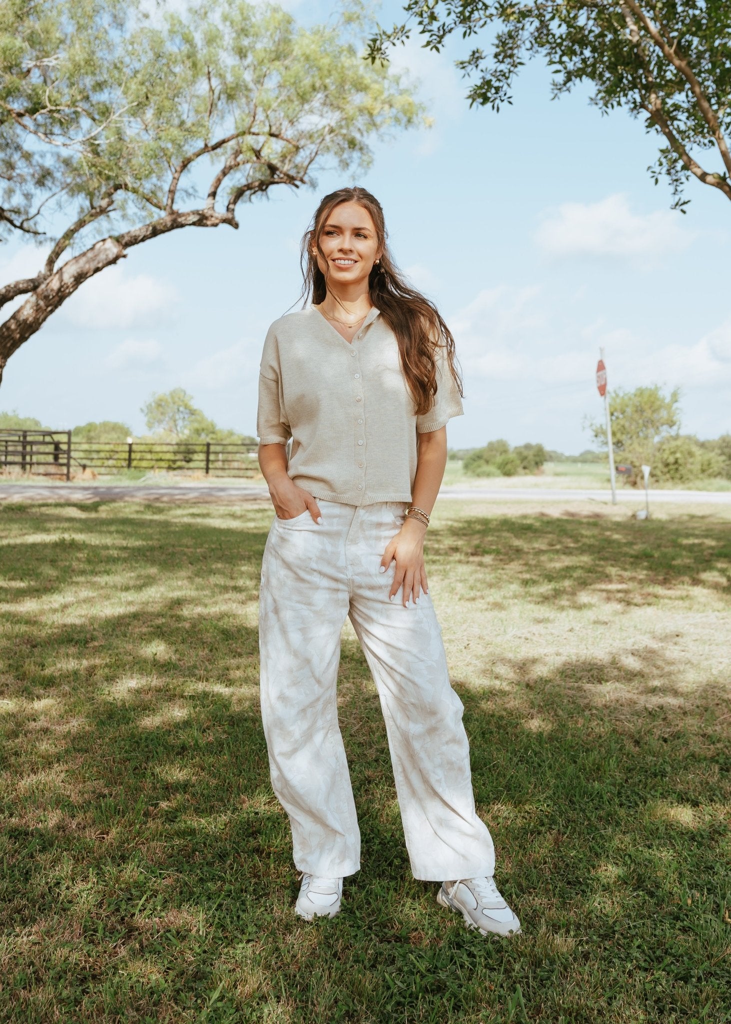 Ivory/Brown Leaf Print Corduroy Barrel Pants IP300210 - 01 - Southern Soule Designs
