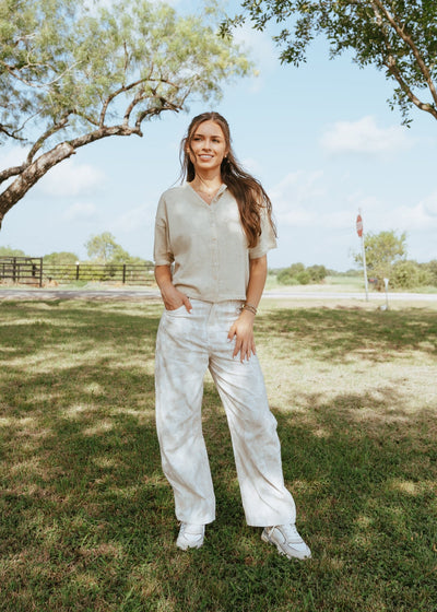 Ivory/Brown Leaf Print Corduroy Barrel Pants IP300210 - 01 - Southern Soule Designs