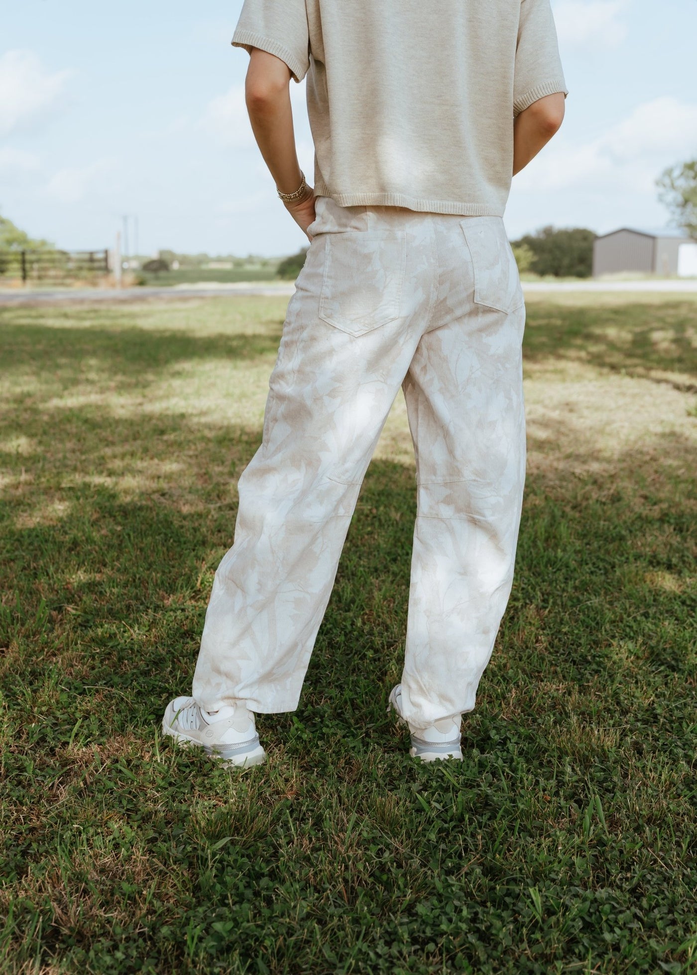 Ivory/Brown Leaf Print Corduroy Barrel Pants IP300210 - 01 - Southern Soule Designs