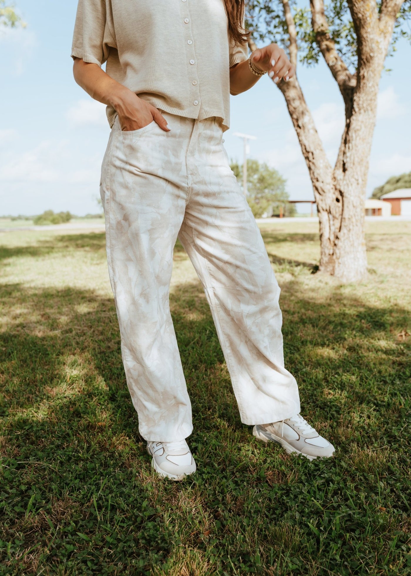 Ivory/Brown Leaf Print Corduroy Barrel Pants IP300210 - 01 - Southern Soule Designs