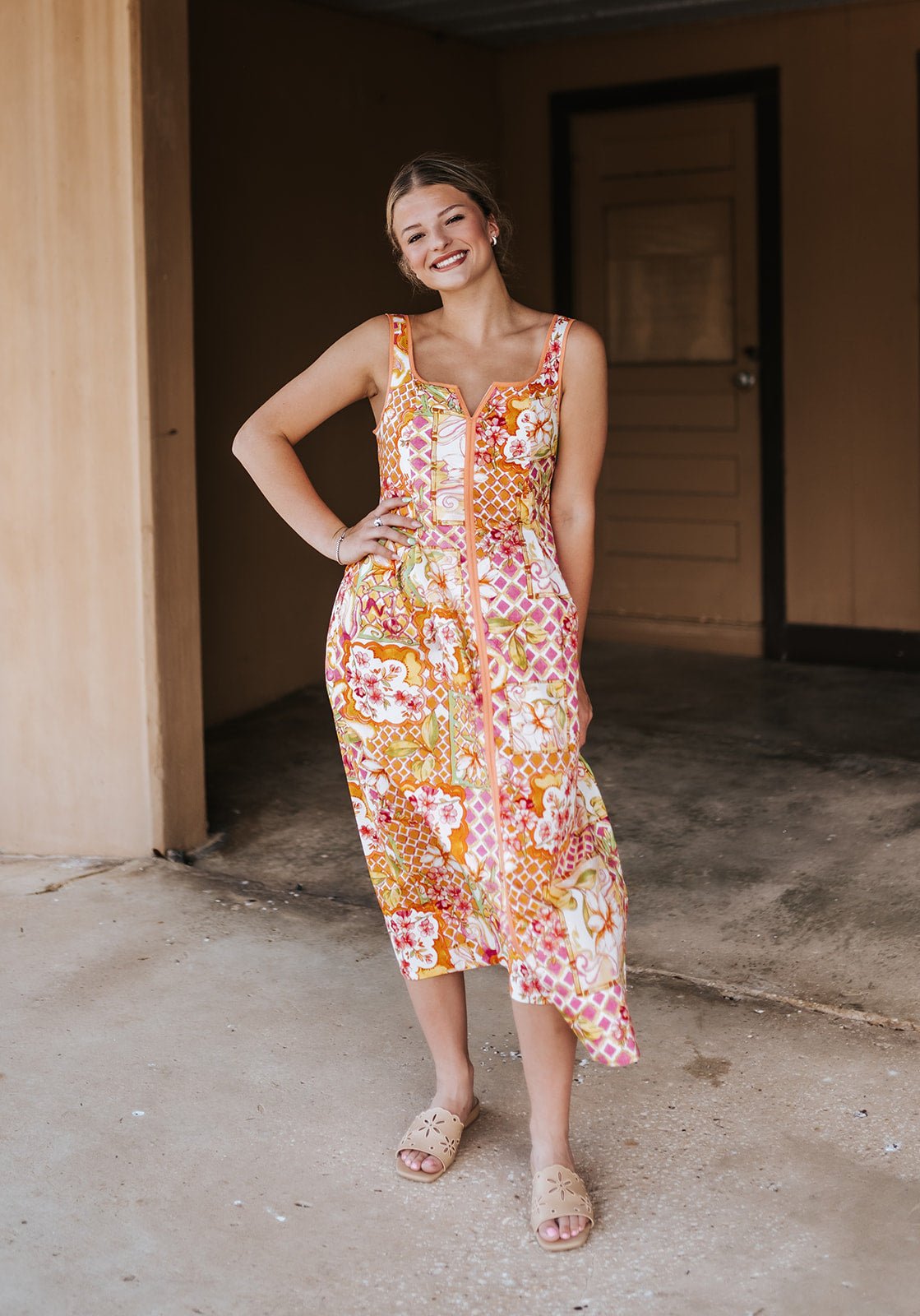 Ivory/Pink Floral Midi Dress MDR4994 - Southern Soule Designs