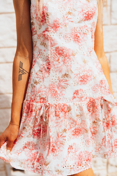 Ivory/Pink Floral Print Sleeveless Mini Dress JD8108 - 1 - Southern Soule Designs