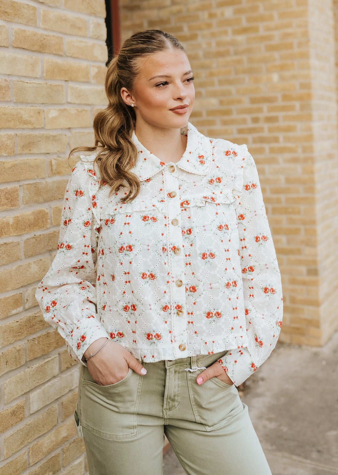Ivory/Red Floral Eyelet Ruffle Shirt Top IT200805 - 01 - Southern Soule Designs