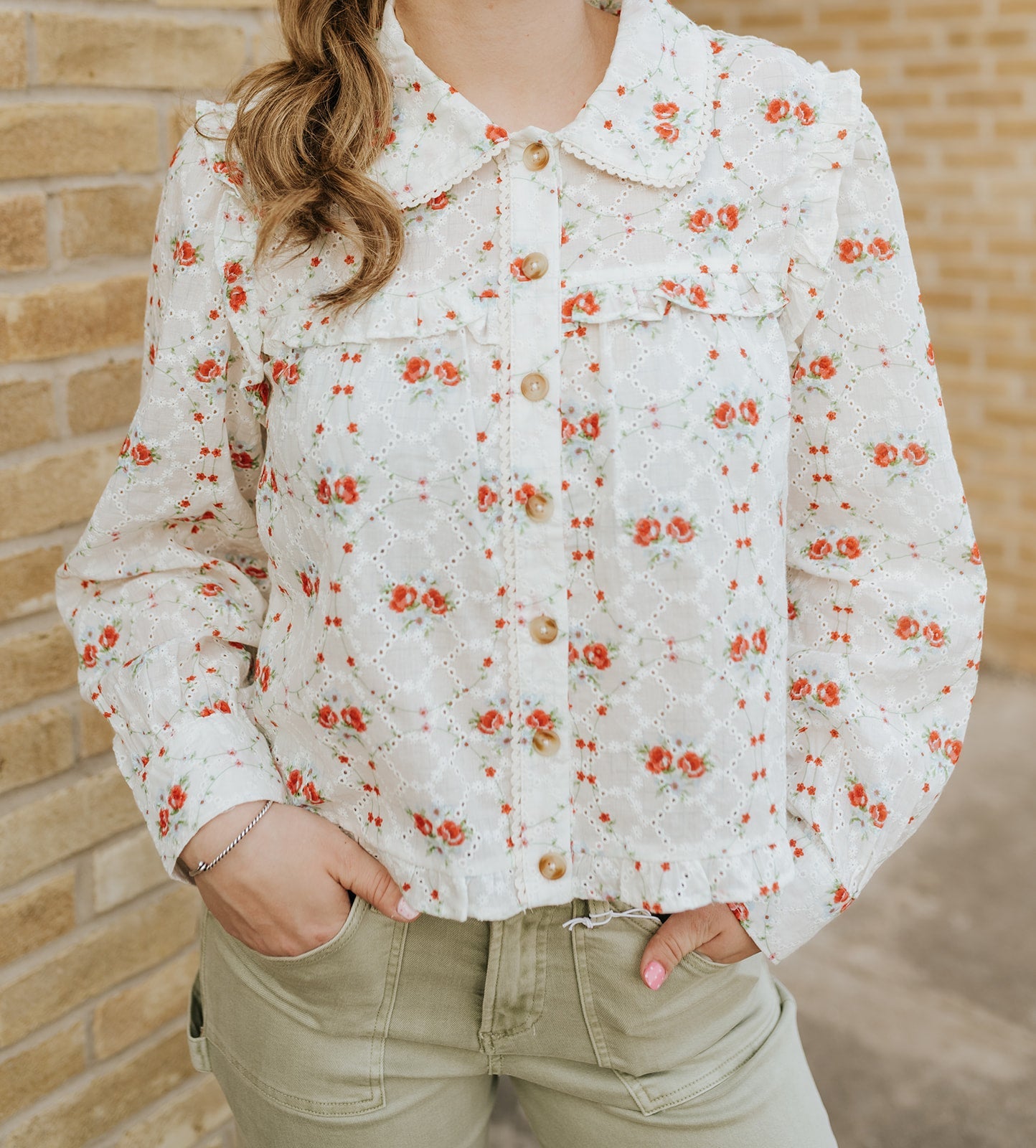 Ivory/Red Floral Eyelet Ruffle Shirt Top IT200805 - 01 - Southern Soule Designs